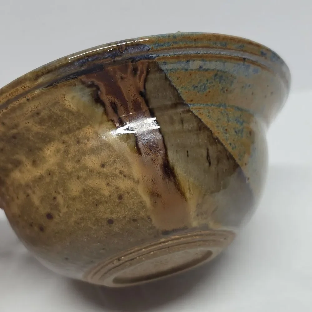 Vintage Studio Pottery Bowl Artist Signed Tan Blue Glazed Cottagecore